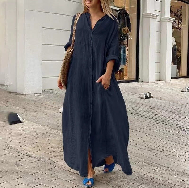Echoarchiv | Einreiher Baumwoll-Leinen Plus Size Langkleid