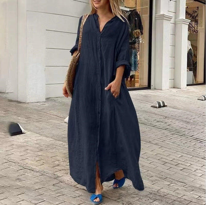 Echoarchiv | Einreiher Baumwoll-Leinen Plus Size Langkleid