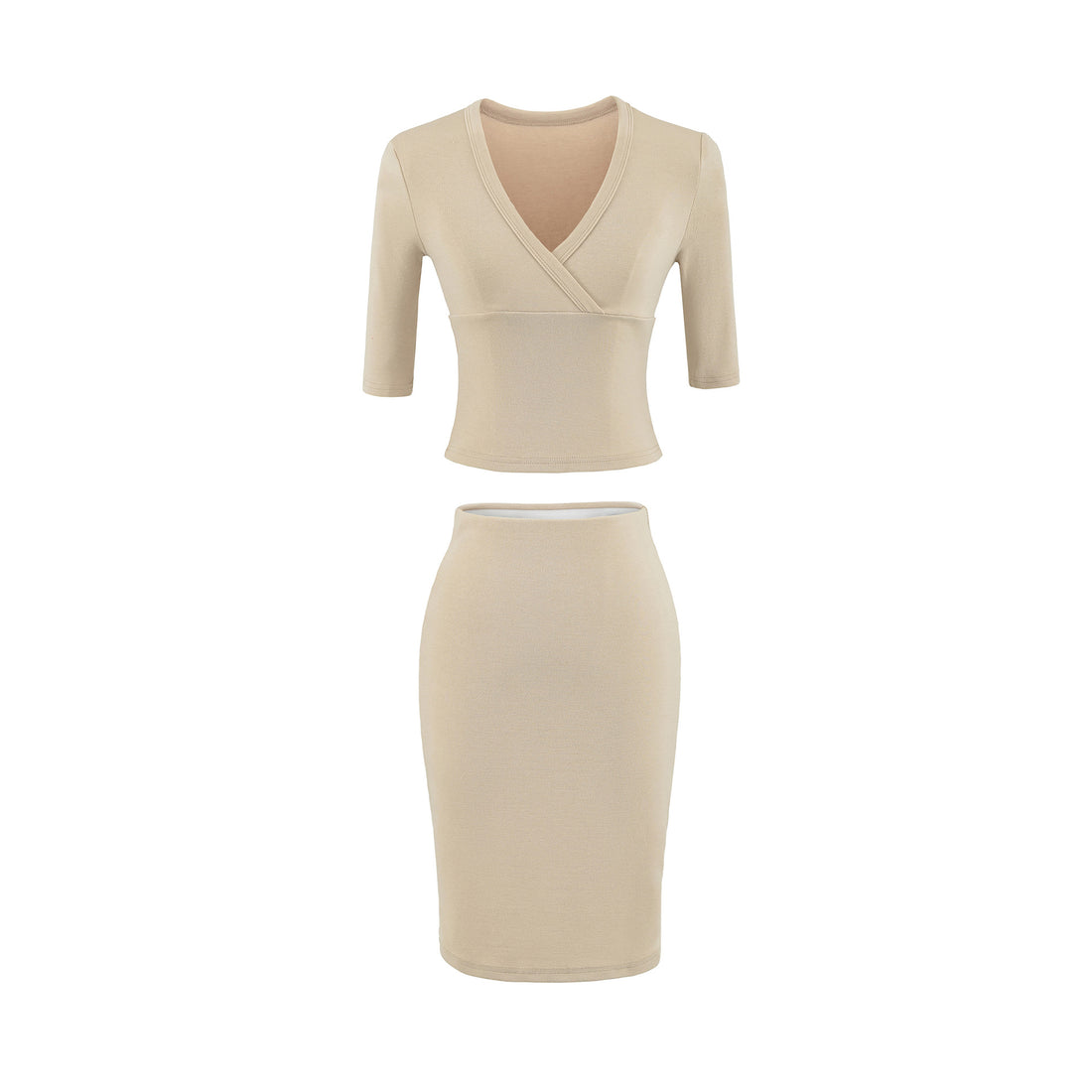 Damen Zweiteiliges figurbetontes Wickel-Top mit Dreiviertelärmeln und Highwaist-Bleistiftrock Echoarchiv