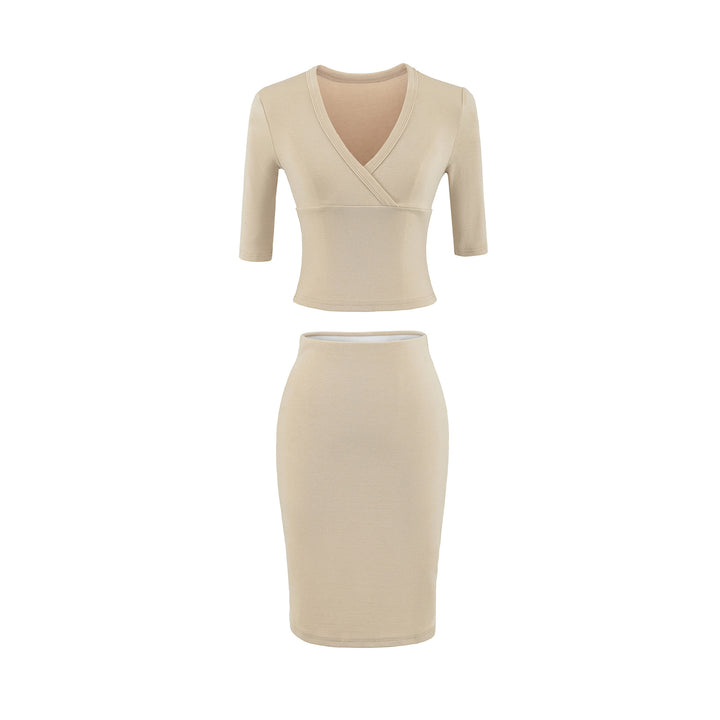 Damen Zweiteiliges figurbetontes Wickel-Top mit Dreiviertelärmeln und Highwaist-Bleistiftrock Echoarchiv