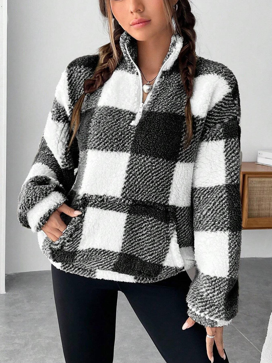 Damen nan kuscheliger Sherpa-Pullover mit Stehkragen, Half-Zip und Kängurutasche Echo Archiv