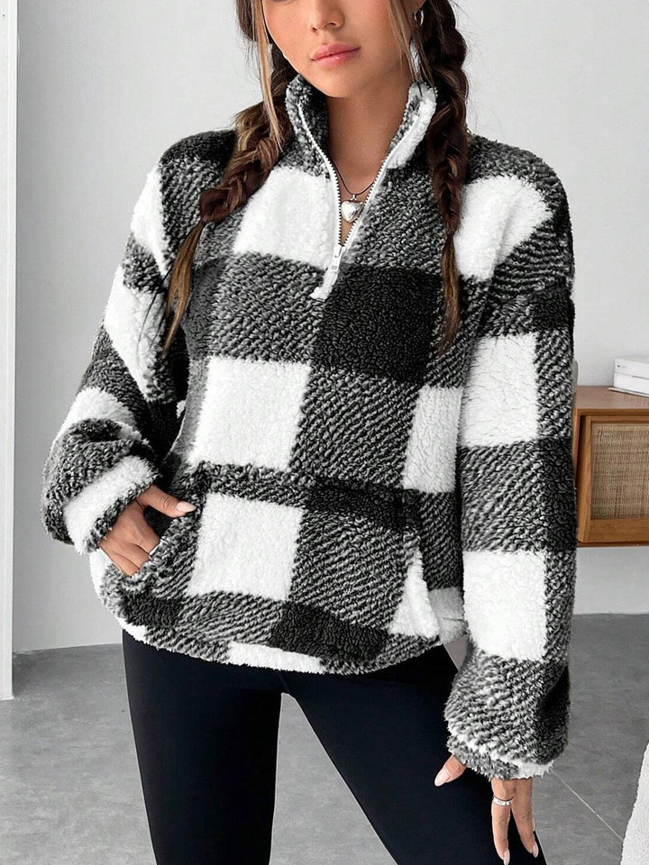 Damen nan kuscheliger Sherpa-Pullover mit Stehkragen, Half-Zip und Kängurutasche Echo Archiv