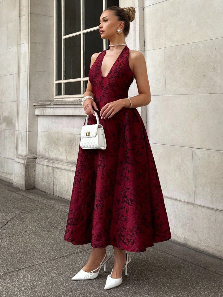 Damen Elegantes Midikleid mit tiefem V-Ausschnitt und fließendem Rock Echo Archiv