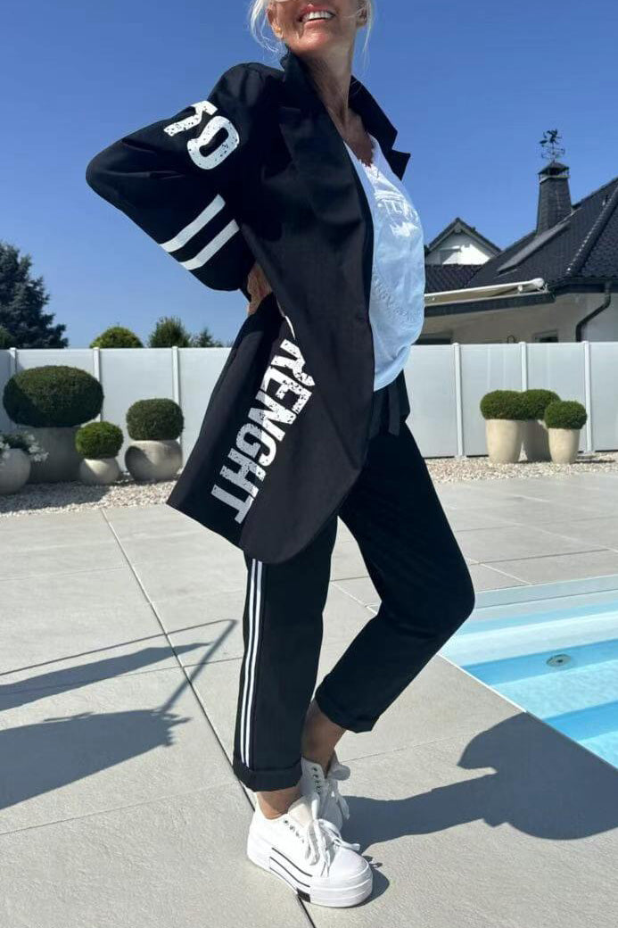 Length Letter Printed Trenchcoat und Hose Zweiteiler Satz – Avérine