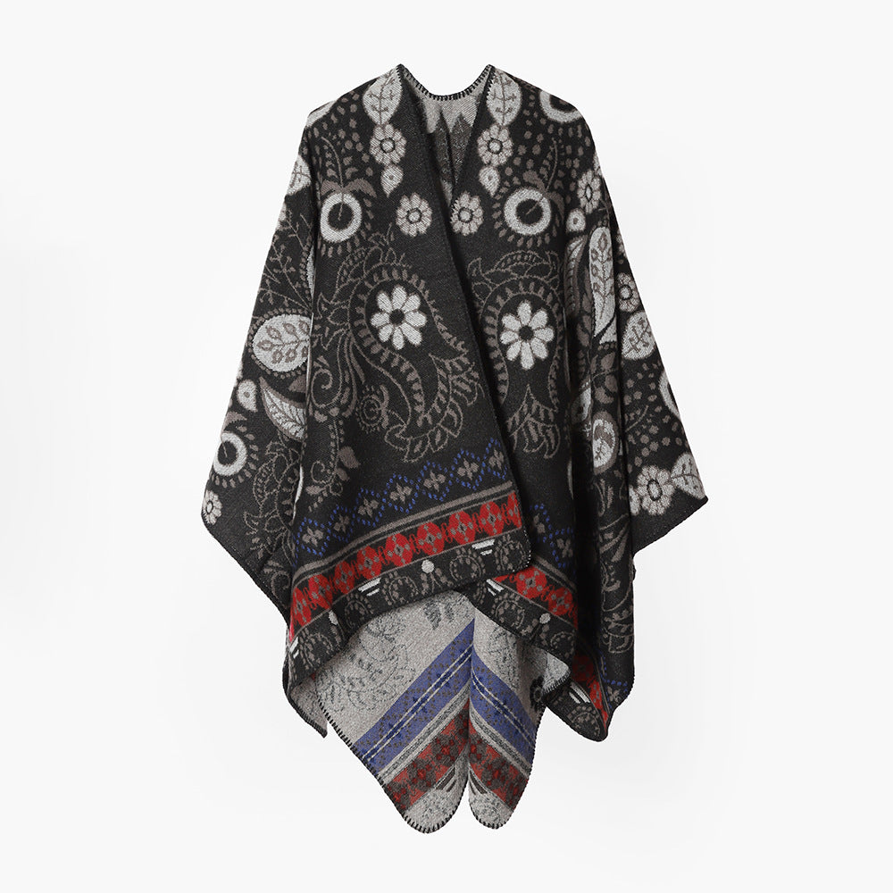 Damen Oversize Jacquard-Ruana im Cape‑Stil mit floral‑paisley Muster – Avérine