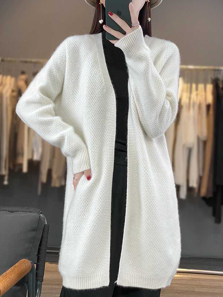 Damen Langer Offener Strickcardigan mit Samenmuster und gerippten Abschlüssen Echoarchiv