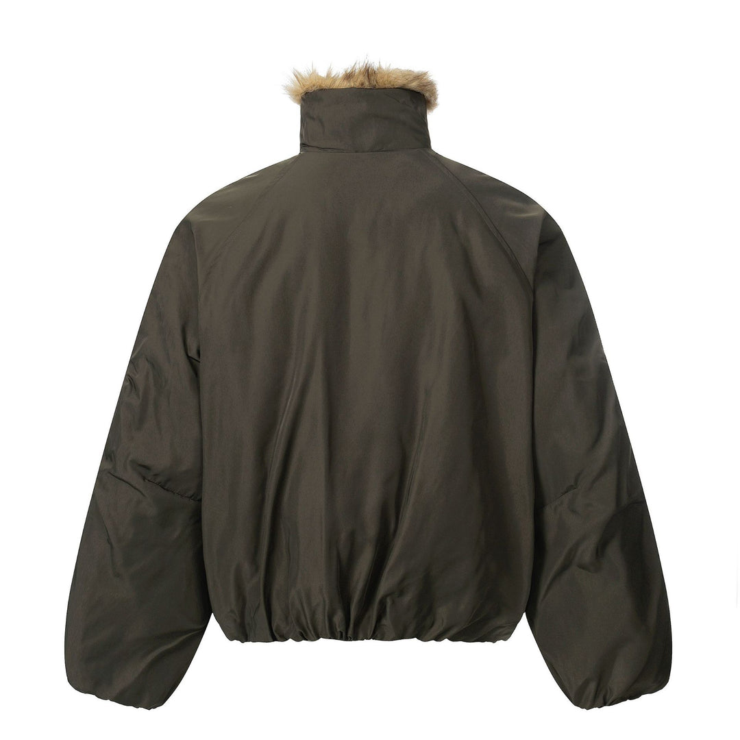 Herren Kurz geschnittener Boxy-Pufferjacke mit Kunstfellkapuze und vertikalen Reißverschlusstaschen Echoarchiv
