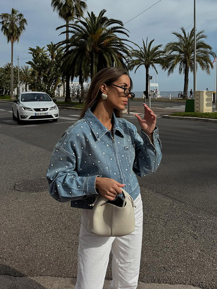 Damen Gekürzte Denim-Jacke mit Perlenbesatz und Oversize-Ärmeln Echoarchiv