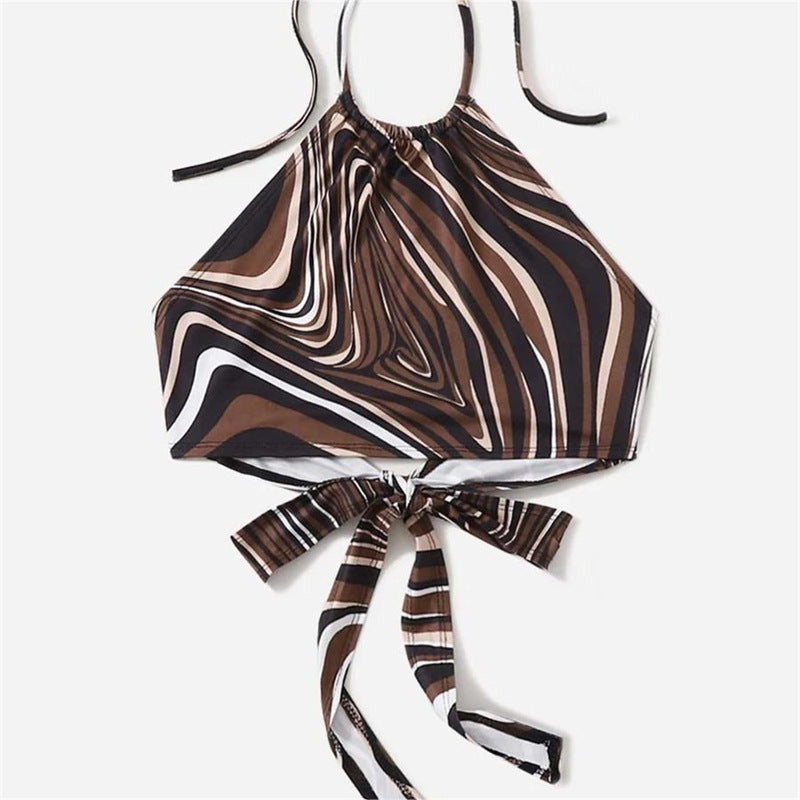 Damen trendiges Halter-Top mit elegantem Wickel-Design und grafischem Print Echo Archiv