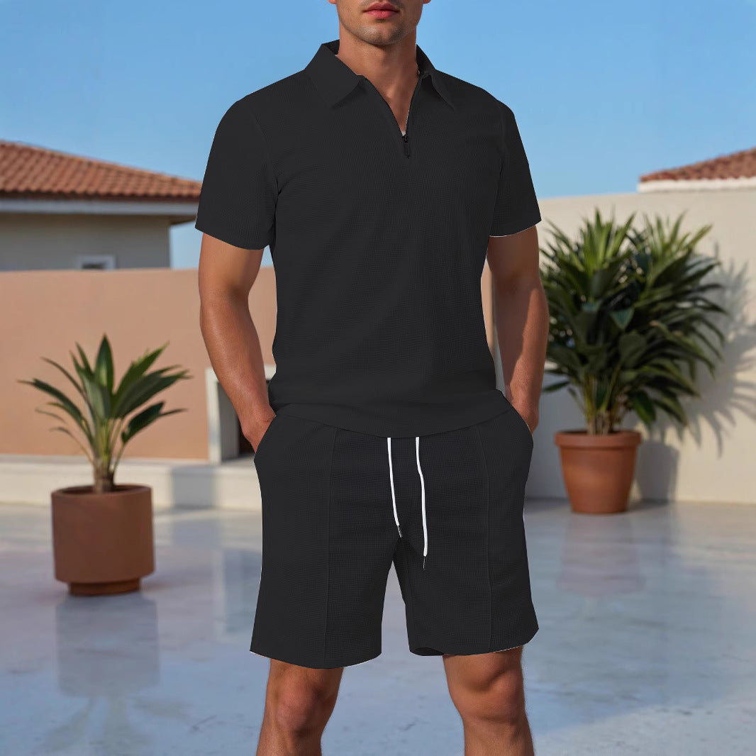 Herren Sportliches Kurzarm Polo mit Zip und Passenden Shorts Echoarchiv