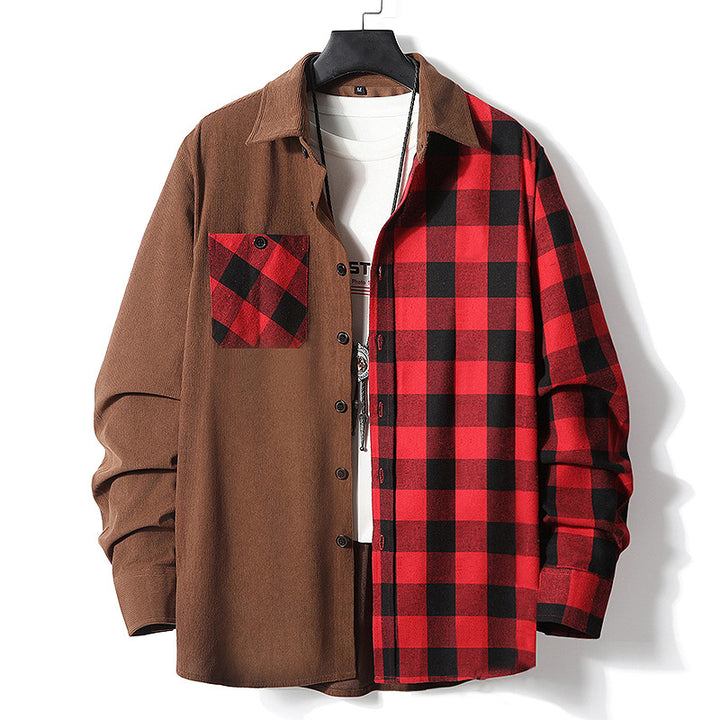 Herren Halbgespaltenes Overshirt im Lumberjack-Karo mit kontrastierender Uni‑Seite, Brusttasche und durchgehender Knopfleiste Echo Archiv