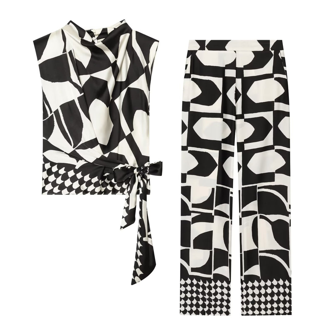 Damen Weite Palazzohose mit hoher Taille und grafischem Blockprint Echo Archiv