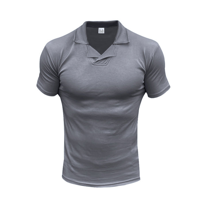 Herren nan schmal geschnittenes Kurzarm-Polo mit offenem Hemdkragen und elastischem Baumwollstretch Echo Archiv