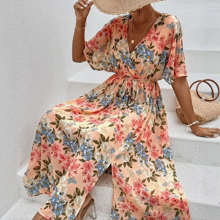 Damen nan florales V-Ausschnitt-Bindekleid mit tailliertem Gürtel und seitlichem Beinschlitz Echo Archiv