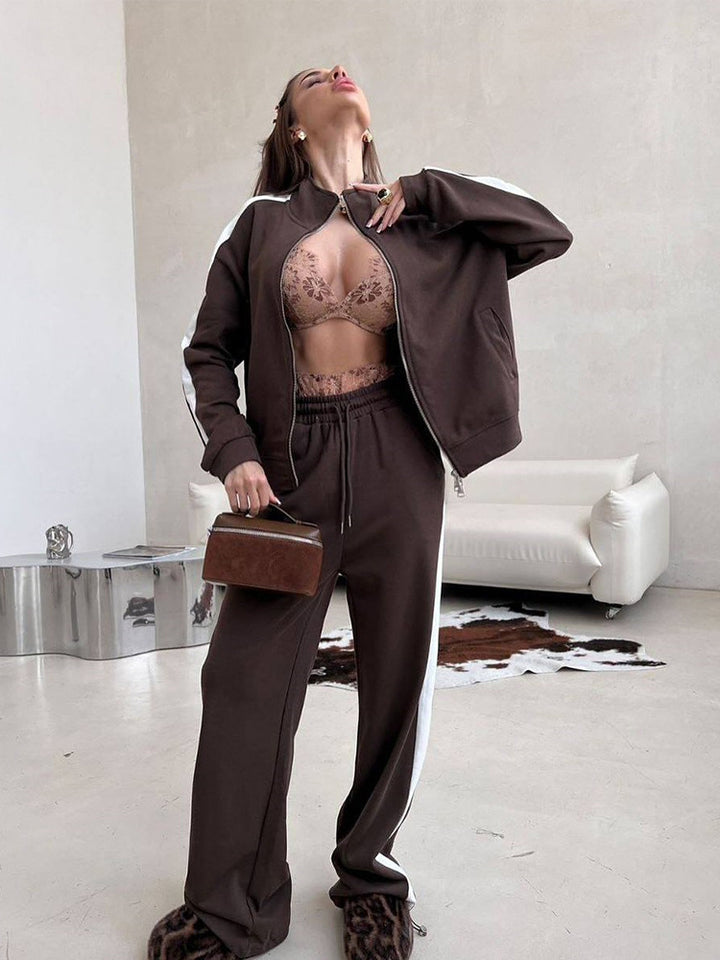 Damen Velours-Loungewear-Set mit Stehkragen, Zip-Jacke und weitem Palazzo-Hosenbein – Élanora