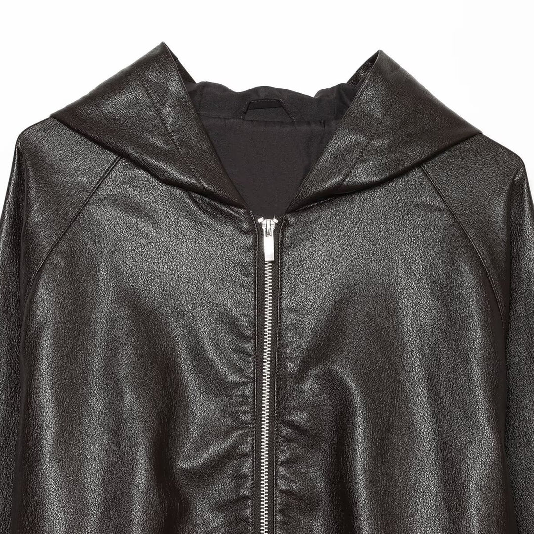 Damen Kurzgeschnittene Kunstleder-Bomberjacke mit Kapuze, Tunnelzug und elastischen Bündchen Echoarchiv