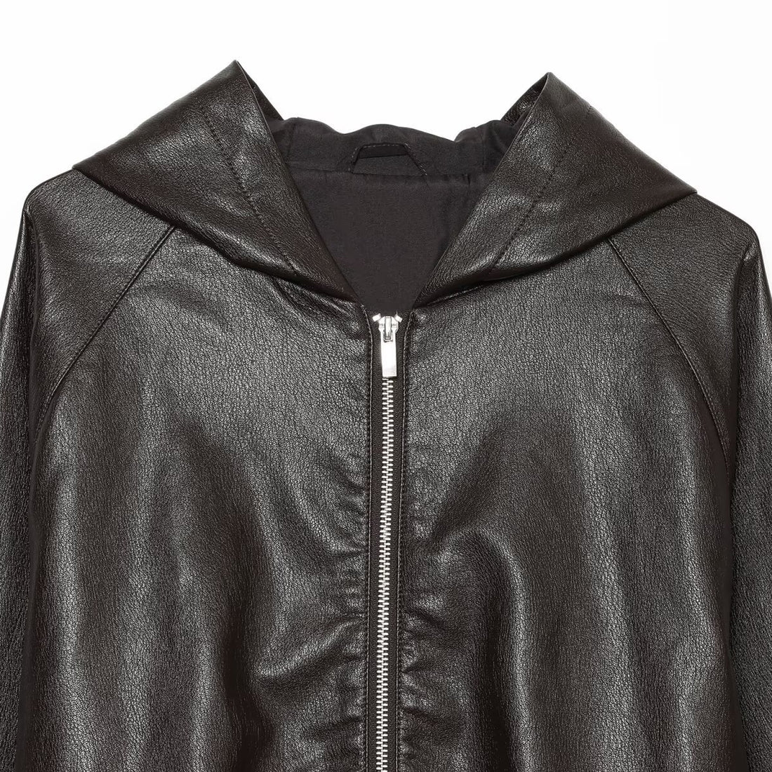 Damen Kurzgeschnittene Kunstleder-Bomberjacke mit Kapuze, Tunnelzug und elastischen Bündchen Echoarchiv