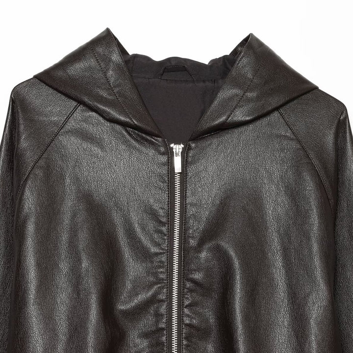 Damen Kurzgeschnittene Kunstleder-Bomberjacke mit Kapuze, Tunnelzug und elastischen Bündchen Echoarchiv