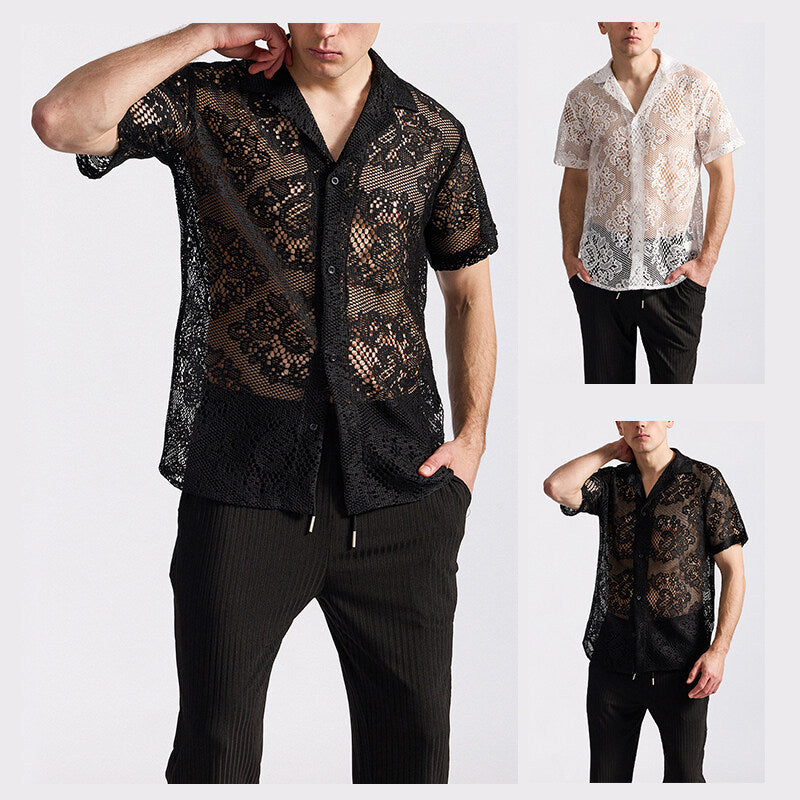 Herren Designer-Hemd aus transparentem Häkelmaterial mit floralem Muster Echoarchiv