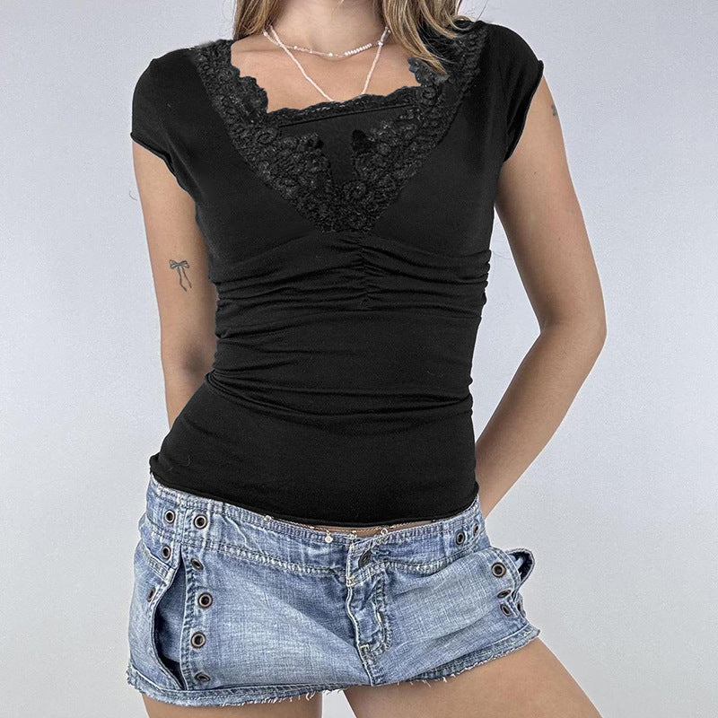 Damen elegantes Spitzenoberteil mit ruched Design und V-Ausschnitt Echo Archiv