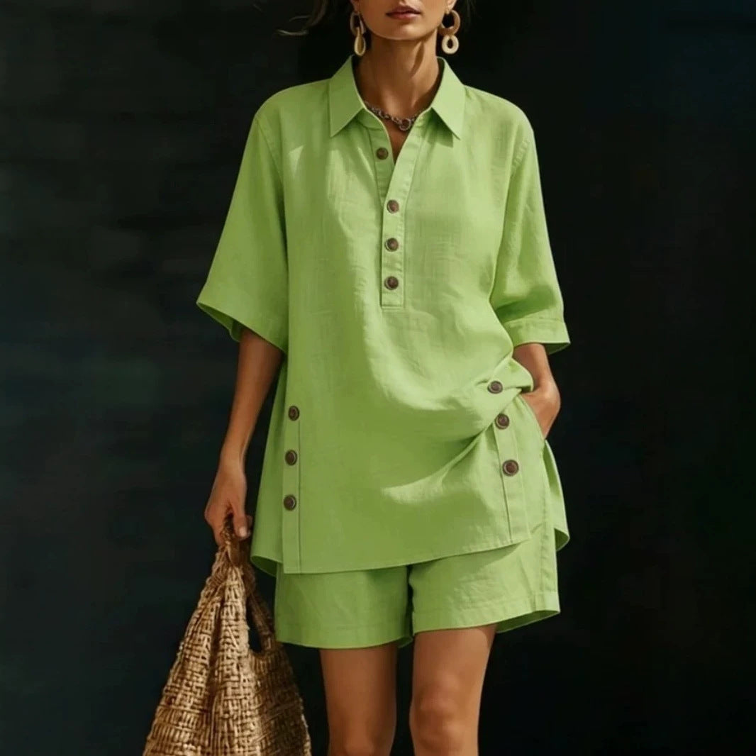 Damen nan luftiges Leinenoptik-Zweiteiler mit Oversize-Hemdbluse, Knopfleiste und Bermuda-Shorts Echo Archiv