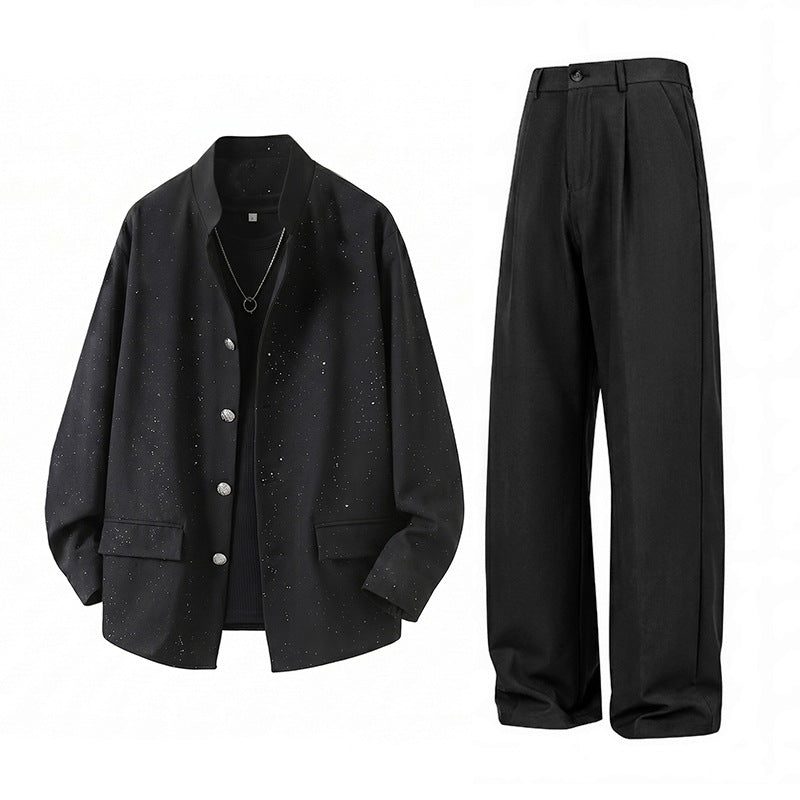 Herren Zweiteiliges Oversize-Lounge-Set mit gesprenkelter Übergangsjacke und weiter Bundfaltenhose Echoarchiv