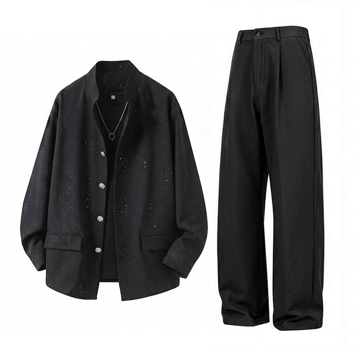 Herren Zweiteiliges Oversize-Lounge-Set mit gesprenkelter Übergangsjacke und weiter Bundfaltenhose Echoarchiv