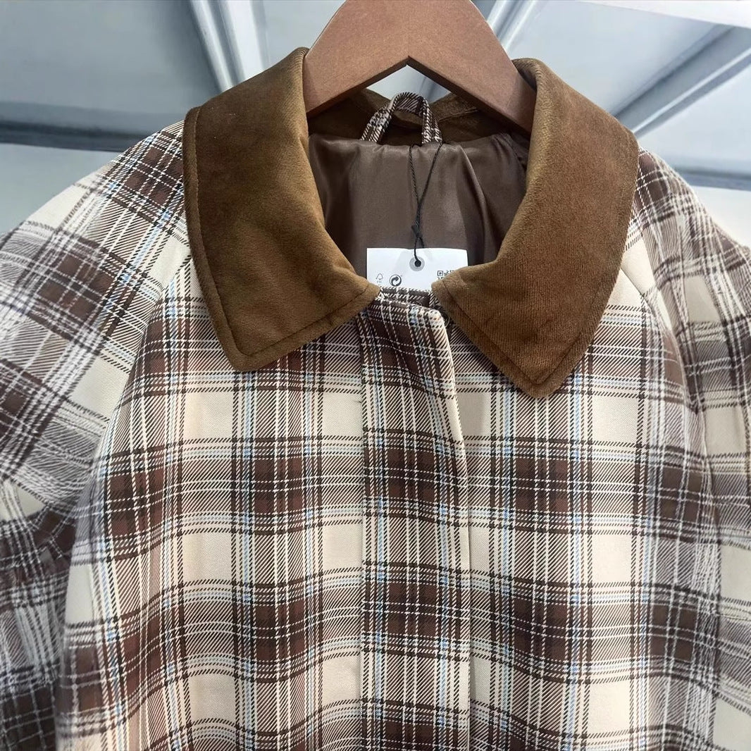 Damen nan karierte Übergangsjacke mit kontrastierendem Samtkragen, verdeckter Frontleiste und Eingrifftaschen Echo Archiv
