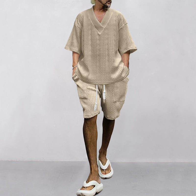 Herren lässiges Set aus locker sitzendem Oberteil mit V-Ausschnitt und Shorts mit elastischem Bund Echoarchiv