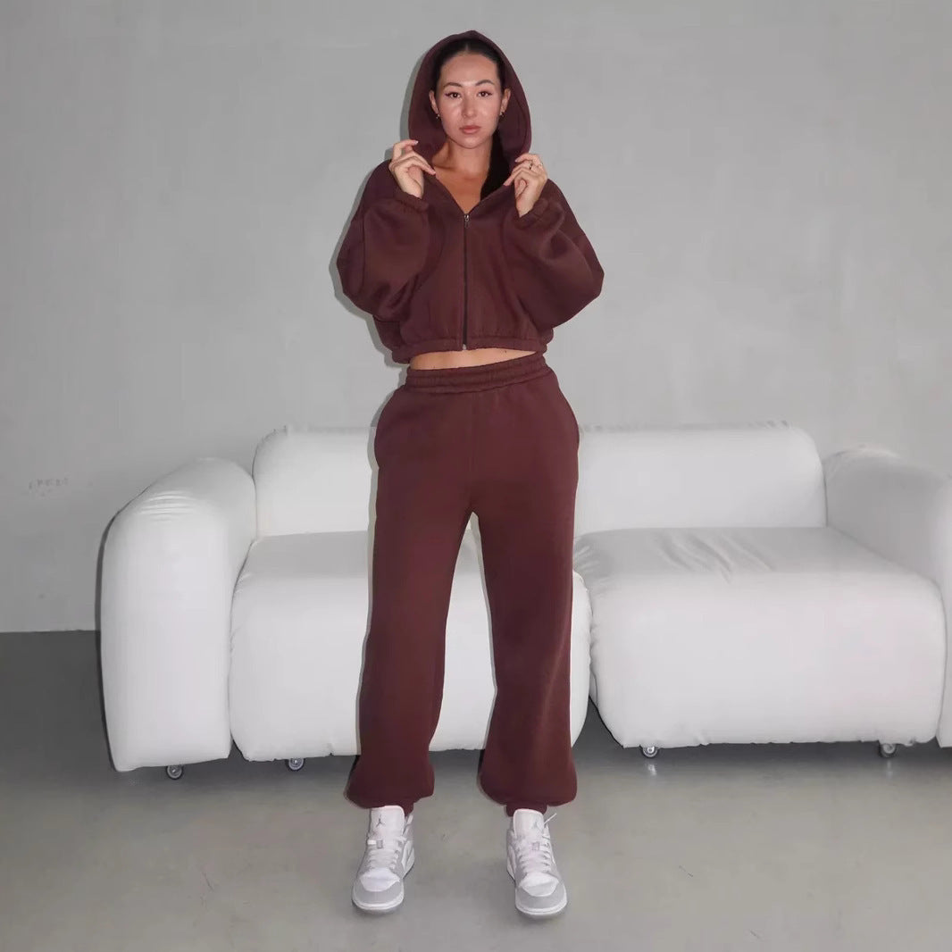 Damen Lounge-Set Cropped-Zip-Hoodie mit Oversize-Ärmeln und High-Waist Palazzo-Jogger – Élanora