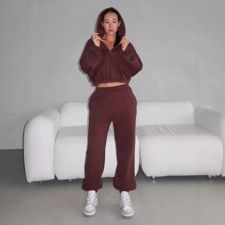 Damen Lounge-Set Cropped-Zip-Hoodie mit Oversize-Ärmeln und High-Waist Palazzo-Jogger – Élanora