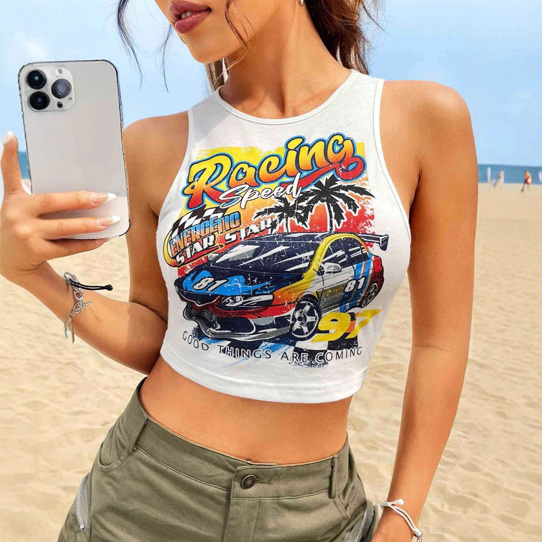 Damen Cropped Tank-Top mit kreativem Rennsport-Motiv und lässigem Schnitt Echo Archiv