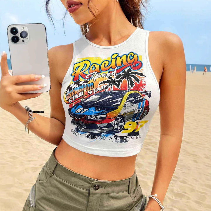 Damen Cropped Tank-Top mit kreativem Rennsport-Motiv und lässigem Schnitt Echo Archiv