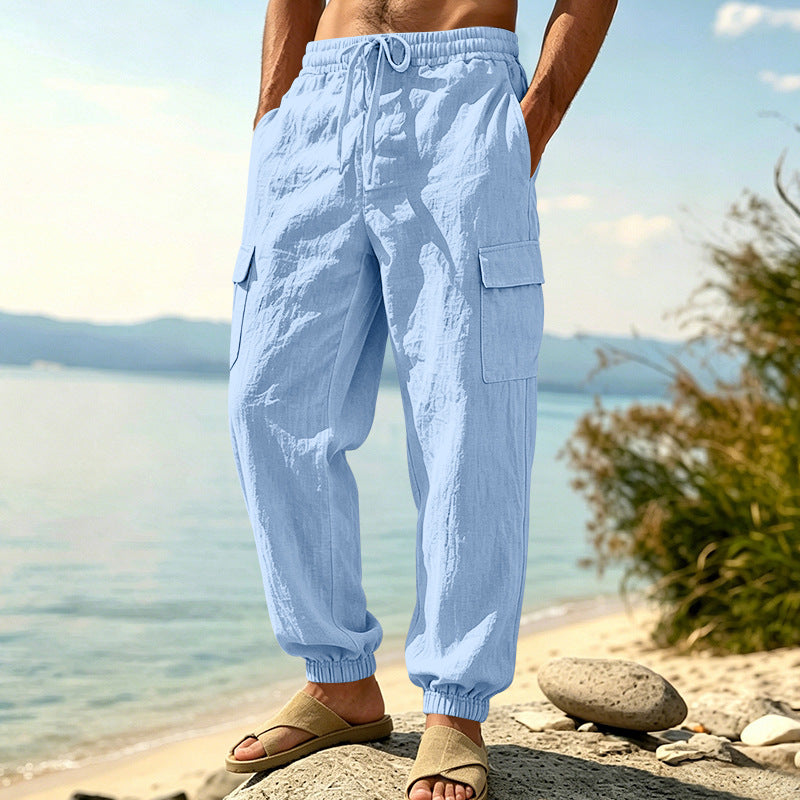 Herren nan leichte Cargo-Joggerhose aus Leinenmischung mit elastischem Tunnelzugbund, aufgesetzten Klappentaschen und gerippten Beinabschlüssen Echo Archiv