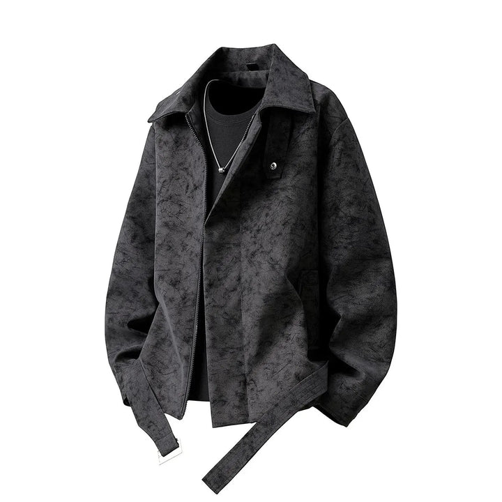 Herren Kurz geschnittene Velours-Optik Jacke mit Hemdkragen, Gürteldetail & verdecktem Reißverschluss Echoarchiv