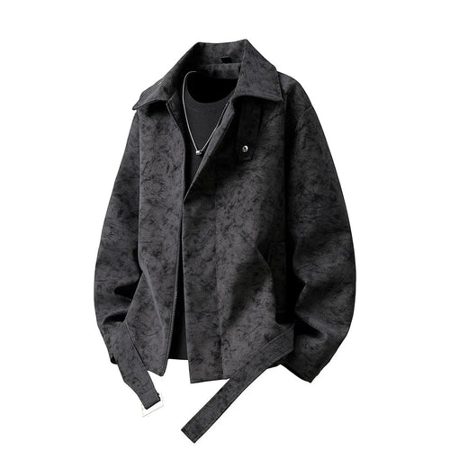 Herren Kurz geschnittene Velours-Optik Jacke mit Hemdkragen, Gürteldetail & verdecktem Reißverschluss Echoarchiv