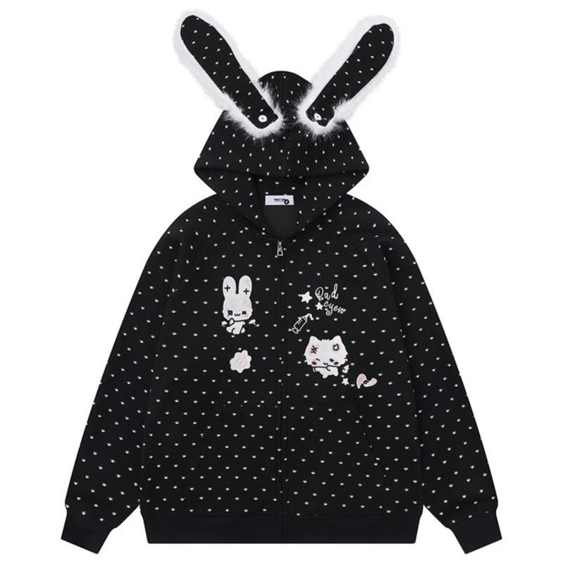 Damen Kapuzensweatjacke im Cozy-Kawaii‑Stil mit 3D-Ohren, Allover-Pünktchen und Frontreißverschluss Echoarchiv