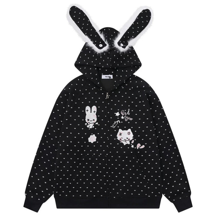 Damen Kapuzensweatjacke im Cozy-Kawaii‑Stil mit 3D-Ohren, Allover-Pünktchen und Frontreißverschluss Echoarchiv