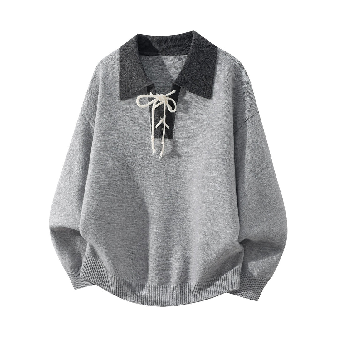 Herren Oversize Strickpullover mit Hemdkragen, Kordelhalsschließe & gerippten Abschlüssen Echoarchiv
