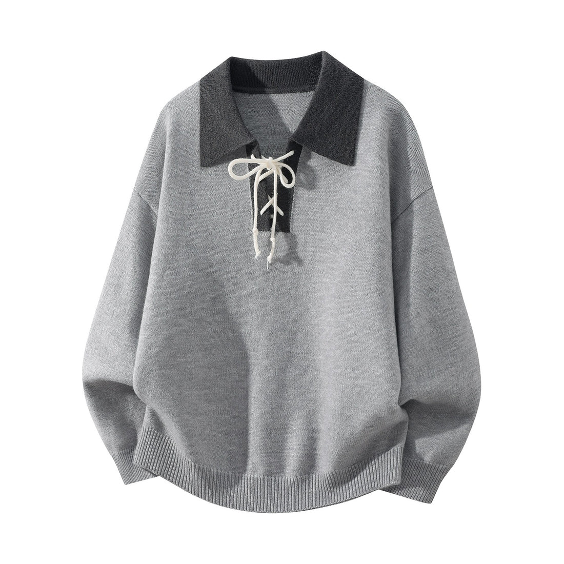 Herren Oversize Strickpullover mit Hemdkragen, Kordelhalsschließe & gerippten Abschlüssen Echoarchiv