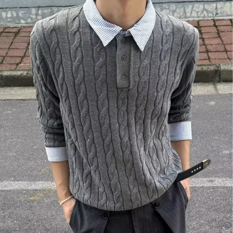 Herren Kabelstrickpullover mit Hemdkragen-Layering-Effekt Echoarchiv