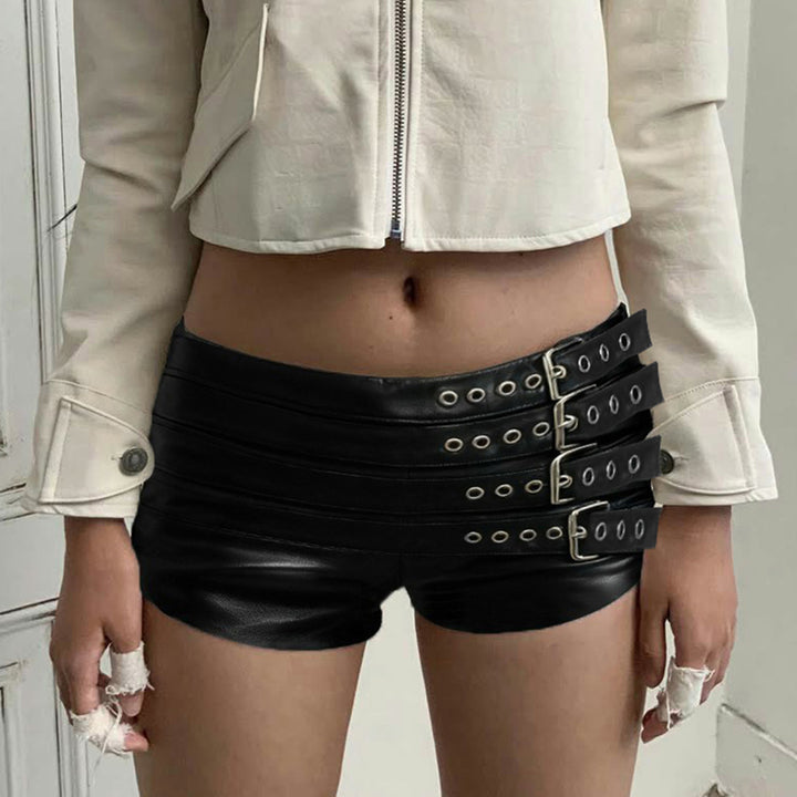 Damen Kunstleder Shorts mit dekorativen Schnallen und Schnürdetails Echo Archiv