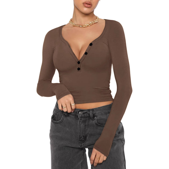 Damen nan figurbetontes geripptes Longsleeve mit Henley-Knopfleiste und tiefem V-Ausschnitt Echo Archiv