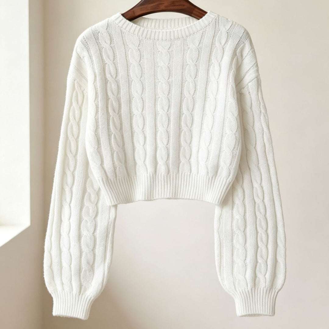 Damen Cropped Zopfmuster-Strickpullover mit kastiger Silhouette und Ballonärmeln – Mavelle