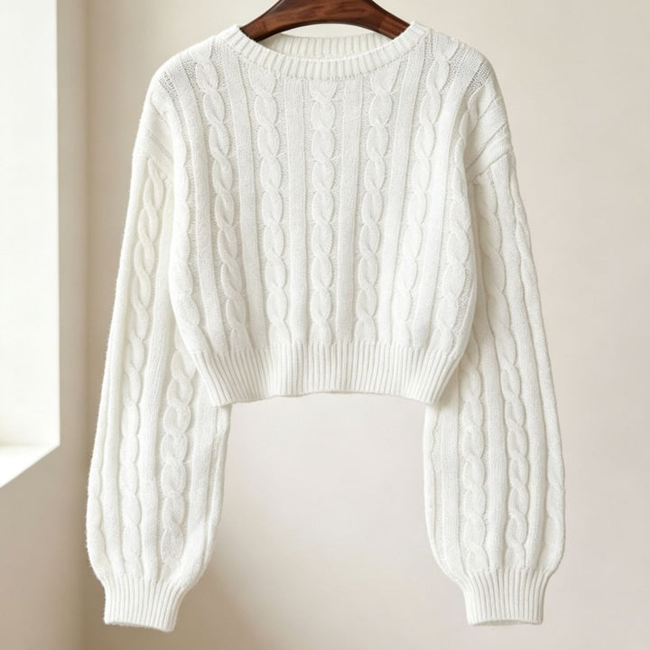 Damen Cropped Zopfmuster-Strickpullover mit kastiger Silhouette und Ballonärmeln – Mavelle