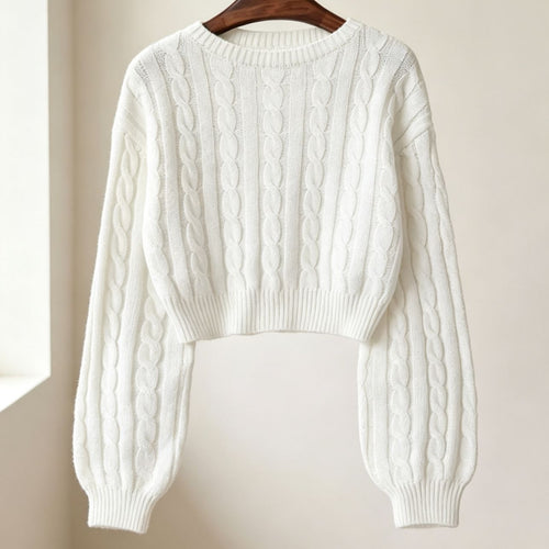Damen Cropped Zopfmuster-Strickpullover mit kastiger Silhouette und Ballonärmeln – Mavelle