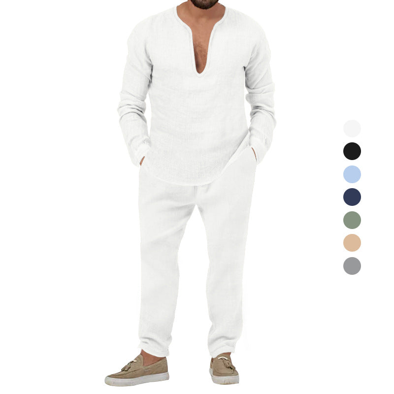Herren lässiges Leinen-Outfit mit tiefem V-Ausschnitt und elastischem Bund Echoarchiv