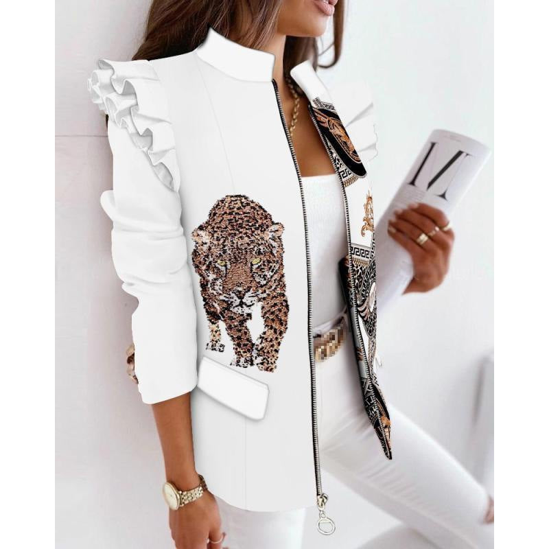 Damen Leoprint-Statement-Jacke mit Rüschen-Schulter und Reißverschluss Echo Archiv