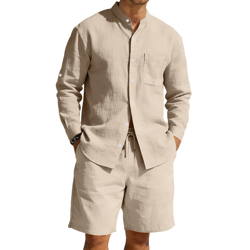 Herren nan sommerliches Leinen-Set mit Stehkragenhemd und Kordelzug-Kurzhose Echo Archiv