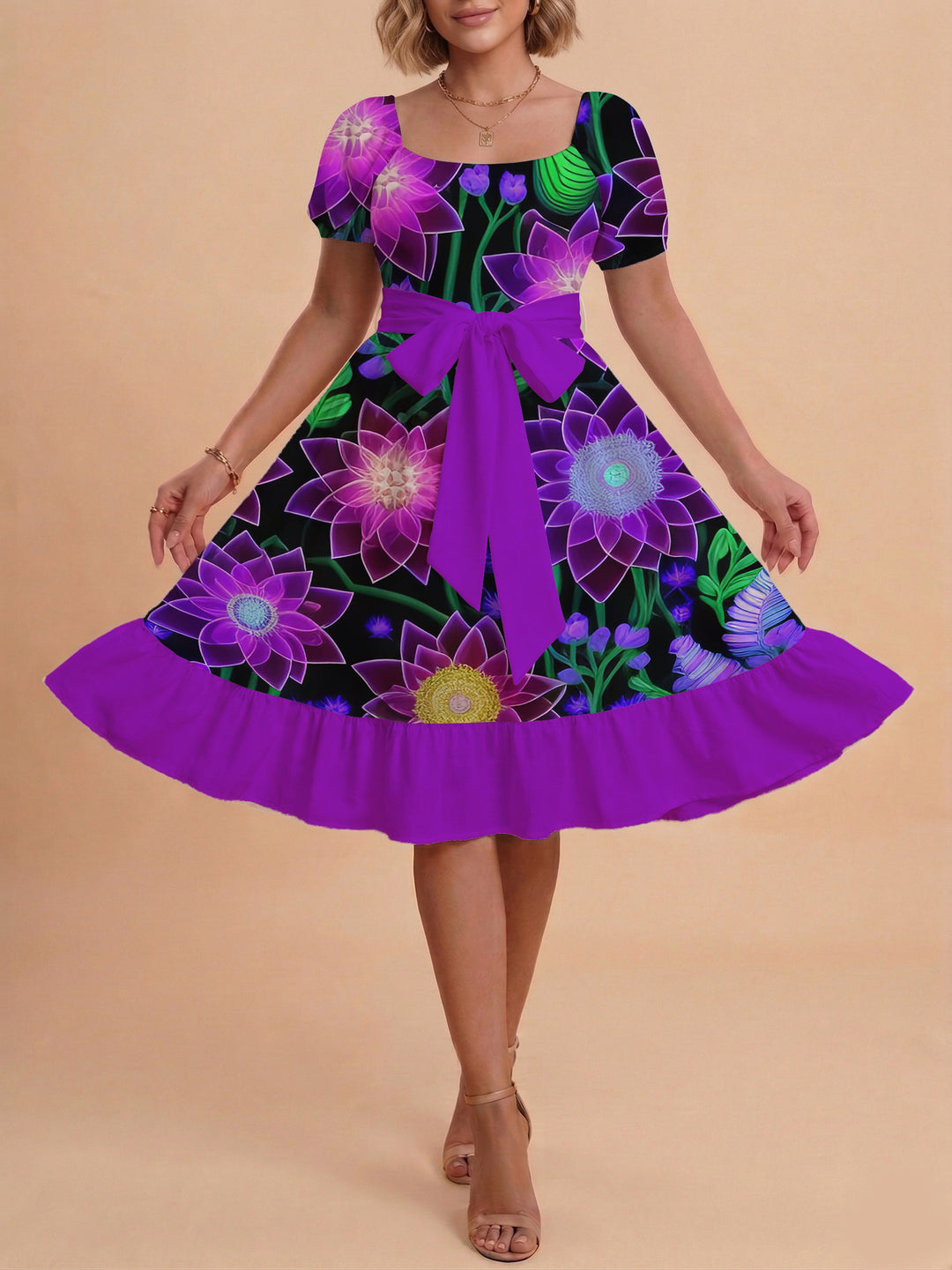 Damen modernes Blumenkleid mit elegantem Taillengürtel und asymmetrischem Saum Echo Archiv